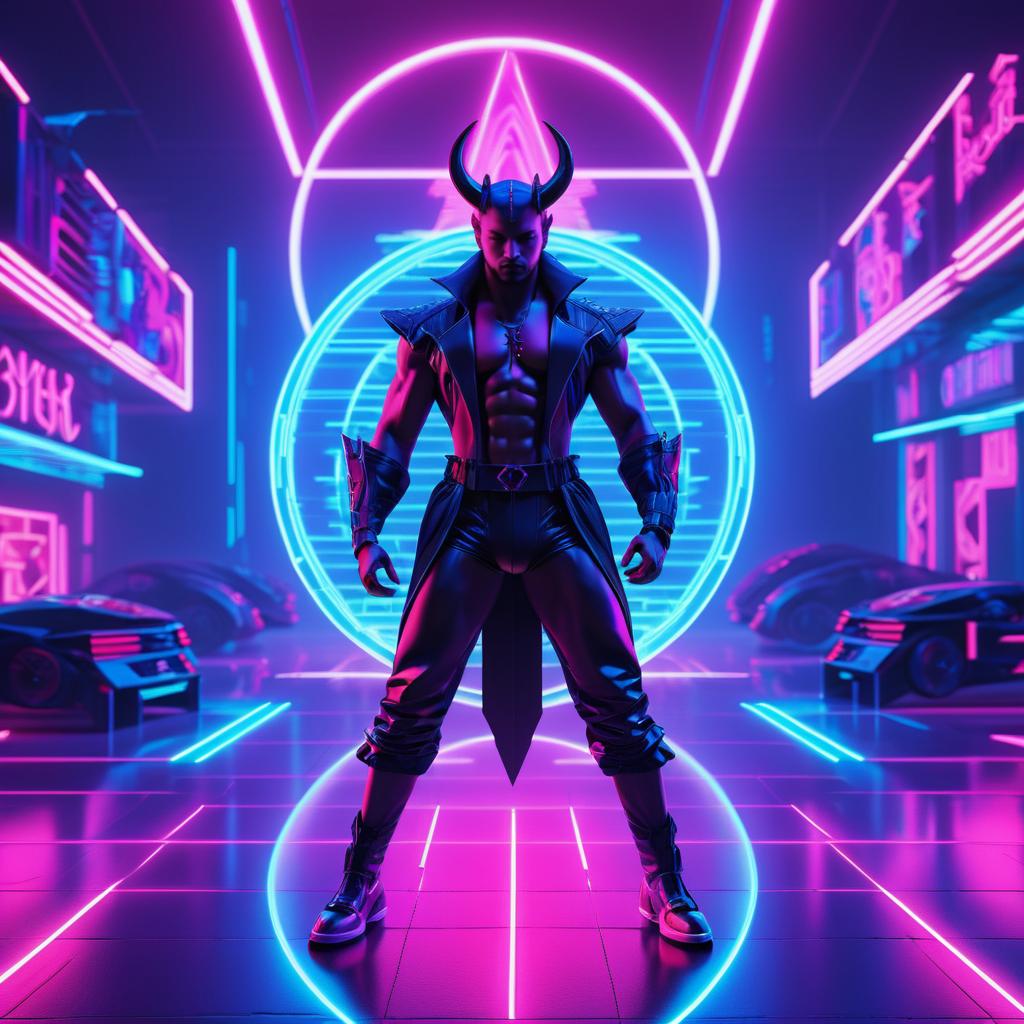 Dramatic Male Demon in Neon Paradise