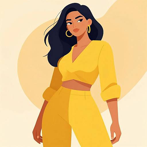 Digital illustration of a confident, dark-haired woman with hoop earrings, wearing a yellow V-neck crop top and matching high-waisted pants, standing against