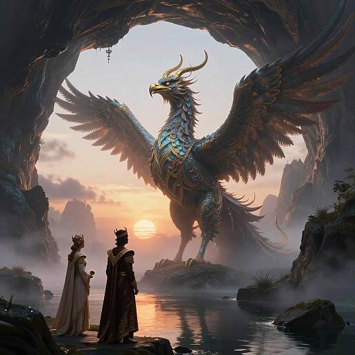 Digital fantasy artwork: Two armored, crown-wearing figures stand before a massive, glowing blue and gold dragon with outstretched wings, in a mist