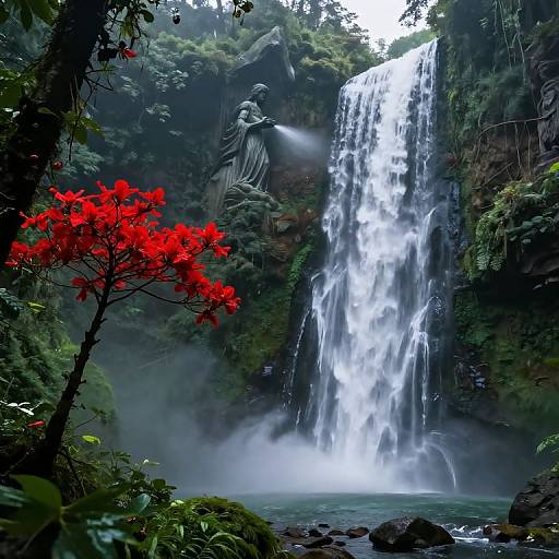 Photograph of a lush, misty waterfall with a statue of a seated figure on a rock, surrounded by vibrant red flowers and dense greenery.