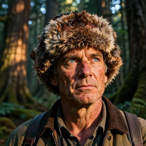 Photograph of a rugged, middle-aged man with blue eyes, wearing a fur-lined hat and green jacket, standing in a sunlit forest.