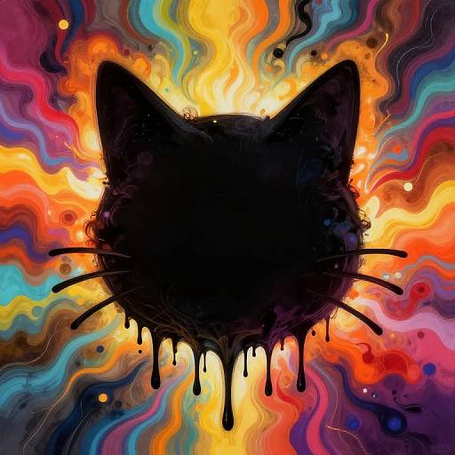 Abstract digital art of a black cat silhouette with dripping paint, set against a vibrant, swirling background of orange, yellow, blue, and purple waves.