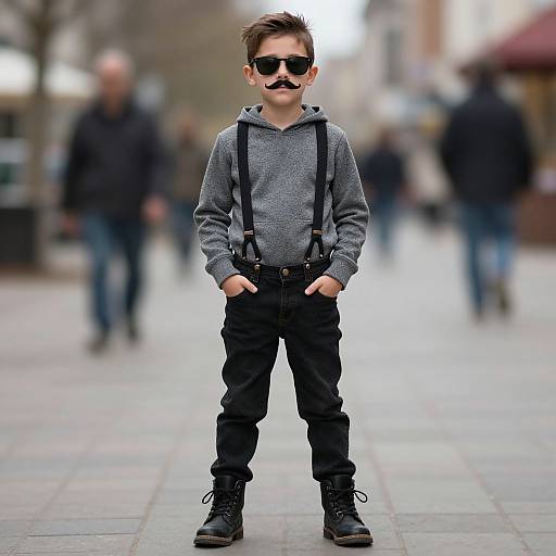 Photograph of a young boy with a mustache, wearing black suspenders, grey hoodie, black pants, and boots, standing confidently on a blurred