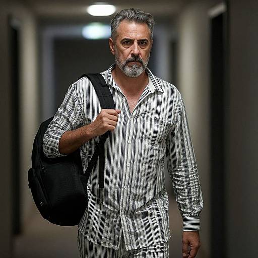 Photograph of a middle-aged man with gray hair and beard, wearing a striped shirt and carrying a black backpack, walking down a dimly lit hallway