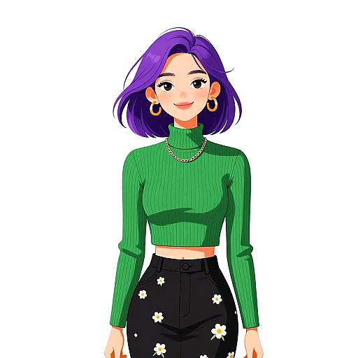 Digital anime-style drawing of a smiling woman with purple hair, green turtleneck, black floral high-waist pants, gold hoop earrings, and