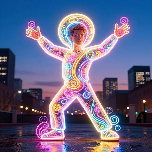 Neon-lit, swirling figure of a dancing man with outstretched arms, illuminated against a twilight cityscape with skyscrapers in the background