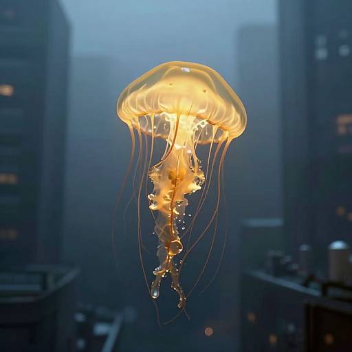 Photograph of a glowing yellow jellyfish with translucent, flowing tentacles floating in a misty urban night scene, surrounded by tall, dark buildings.