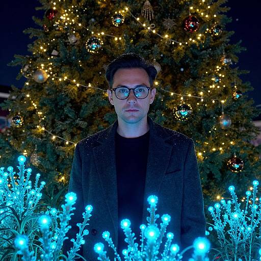 Photograph of a man with glasses, black coat, and black shirt, standing in front of a lit Christmas tree, surrounded by glowing blue lights.