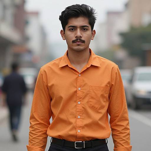 Photograph of a young man with short black hair and mustache, wearing an orange long-sleeve shirt and black pants, standing on a blurred