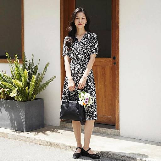 Photograph of an Asian woman with long black hair, wearing a black and white floral dress, black shoes, and holding a small black handbag with