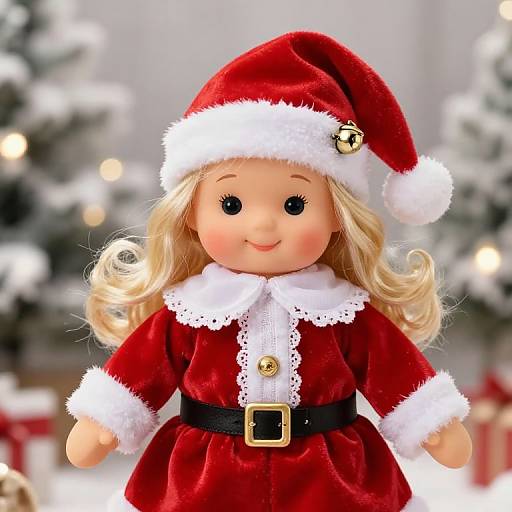 Photograph of a blonde-haired, smiling doll in a red velvet Santa dress with white trim, black belt, and Santa hat, set against a blurred