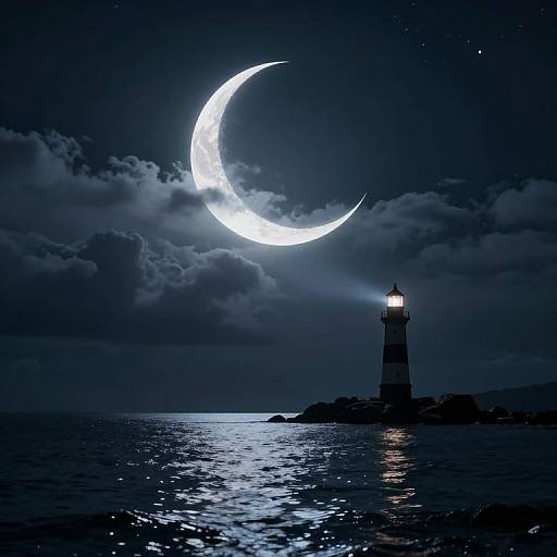 Nautical night scene: luminous crescent moon over dark, cloudy sky, shining on a lit lighthouse reflecting on calm, starlit ocean waters