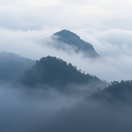 Photograph of mist-covered mountains with layered fog, showcasing dark blue-green peaks partially obscured by thick, white clouds.