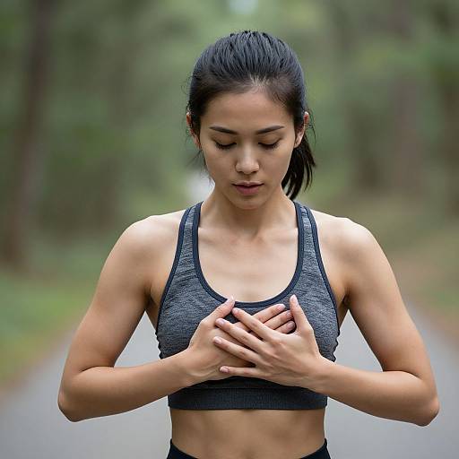 Photograph of an Asian woman with black hair in a ponytail, wearing a gray sports bra, standing on a forest path, eyes closed, hands