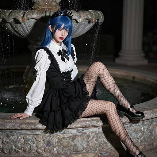 Gothic Lolita Woman Sitting by Fountain