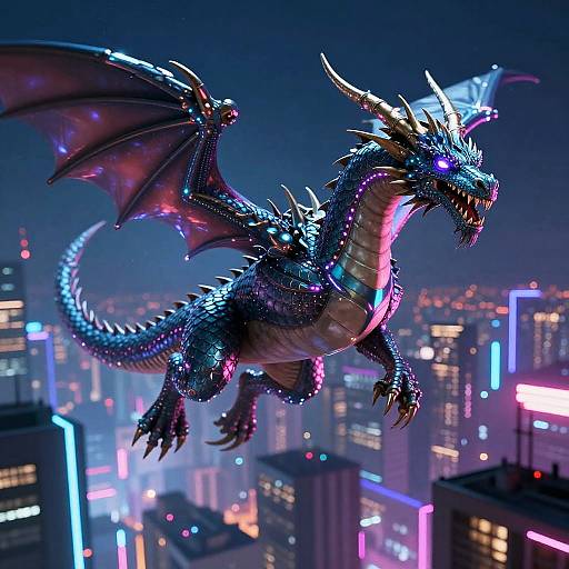 Digital CGI of a glowing, blue and purple dragon with neon accents soaring over a neon-lit, futuristic cityscape at night.