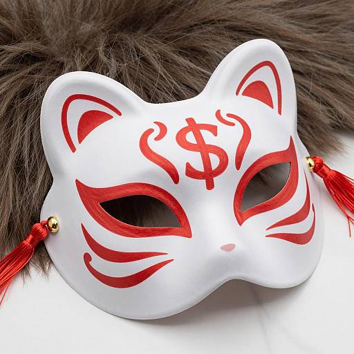 White Cat Mask with Red Dollar Symbol and Tassels