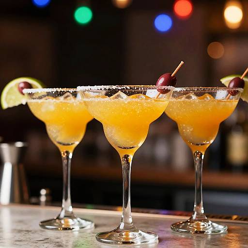 Three Sparkling Orange Margaritas with Olive Garnish