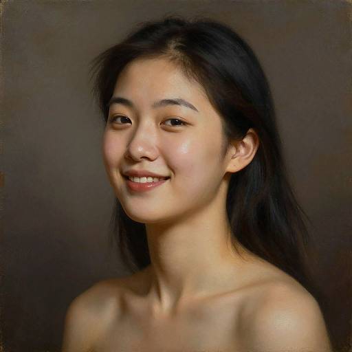 Photographic portrait of a young Asian woman with long black hair, smiling gently, bare shoulders, against a dark brown background.