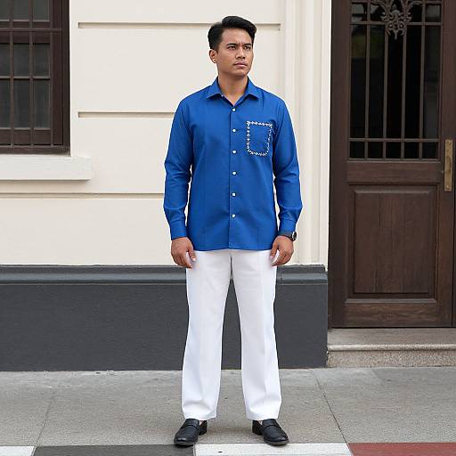 Photograph of a young man with short black hair, wearing a blue button-up shirt with white studs, white pants, and black shoes, standing in