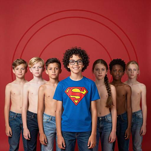 Children in Front of Abstract Red Background