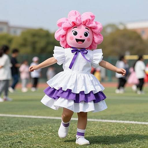 Photograph of a person in a pink puffy-haired, smiling cartoon mask, wearing a white and purple frilled dress, walking on a grassy
