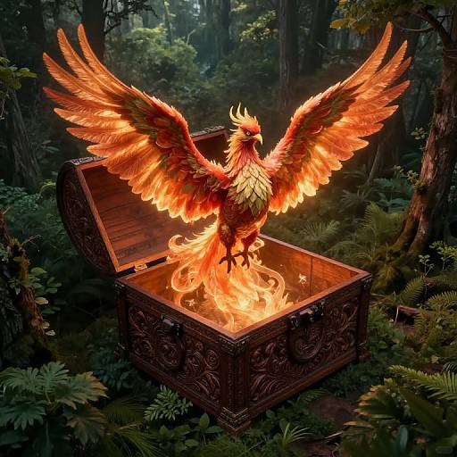 Digital fantasy artwork: A vibrant, fiery phoenix with outstretched wings emerges from an ornate, wooden treasure chest in a dense, dark forest.