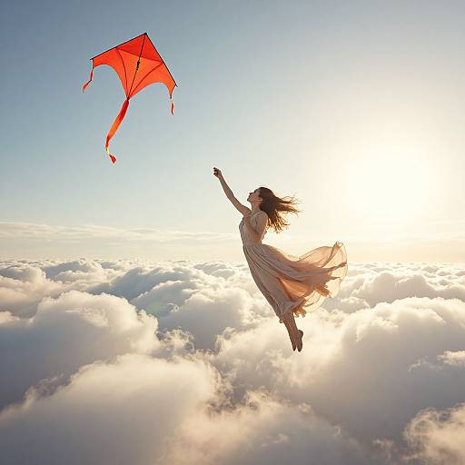 Photograph of a woman in a flowing white dress flying through a sky filled with clouds, chasing a red kite with a bright sun in the background.