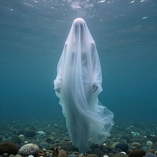 Photograph of a translucent, white ghost-like figure floating underwater, surrounded by smooth pebbles, with a blue-tinted, sunlit ocean