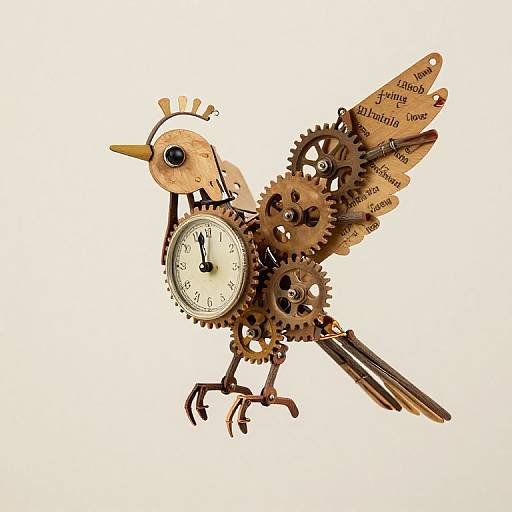 Steampunk bird sculpture: a clock-timed bird with gears, copper wires, paper feathers, and a white clock face on a white background.