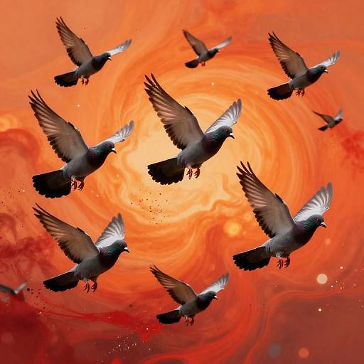 Graceful Pigeons in Fiery Sky