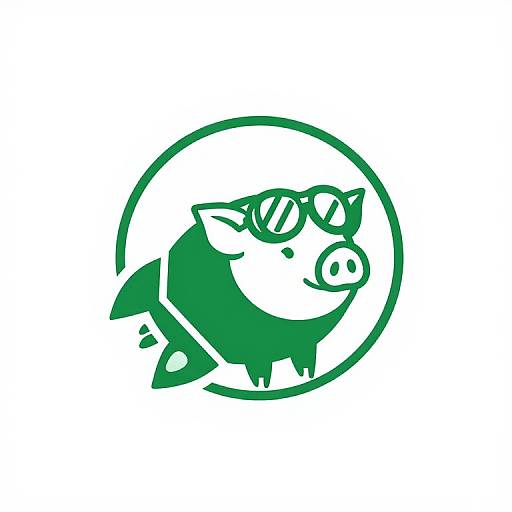 Cartoon green pig wearing sunglasses inside a circular green outline, smiling, simple vector graphic, white background, playful and modern style.