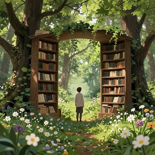 Digital illustration of a child standing before a sunlit, wooden book arch in a lush forest, surrounded by vibrant flowers and towering trees.