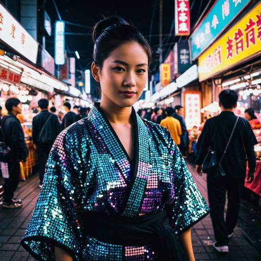 Neon street vendor in sequined kimono