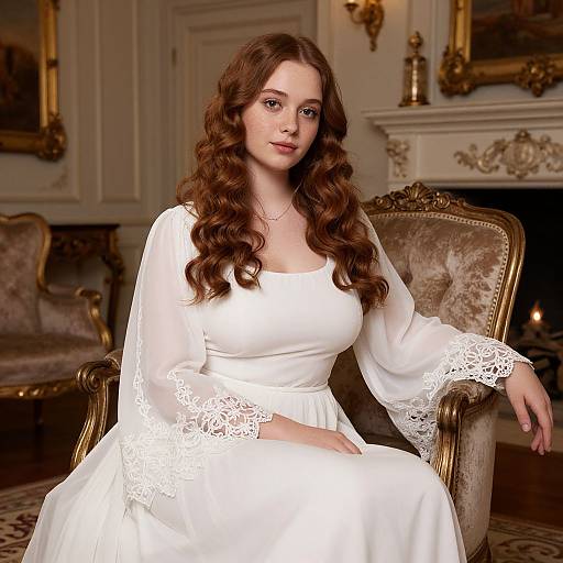Photograph of a fair-skinned, brown-haired woman with curly hair, wearing a white lace-trimmed dress, seated in an ornate,
