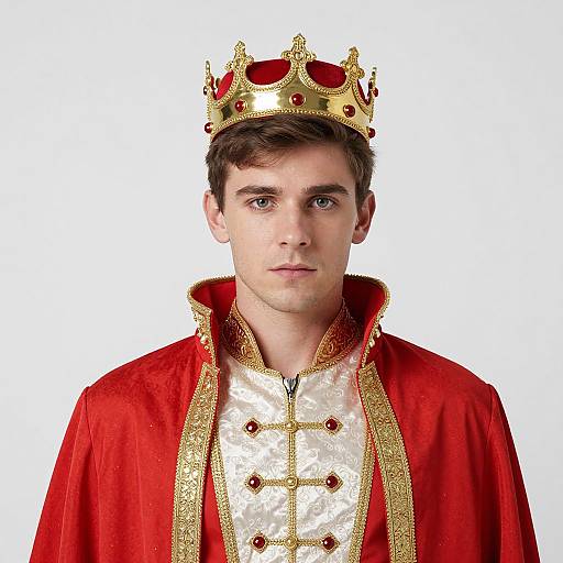 Photograph of a young man with fair skin, brown hair, and blue eyes, wearing a gold crown and a red and white royal robe.