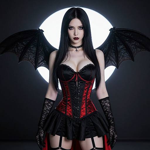 Photograph of a pale-skinned woman with long black hair, wearing a black and red corset, black lace gloves, and bat wings, standing
