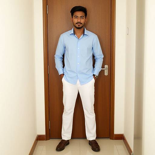 Photograph of a young Indian man with short black hair and beard, wearing a light blue shirt, white pants, and brown shoes, standing in front