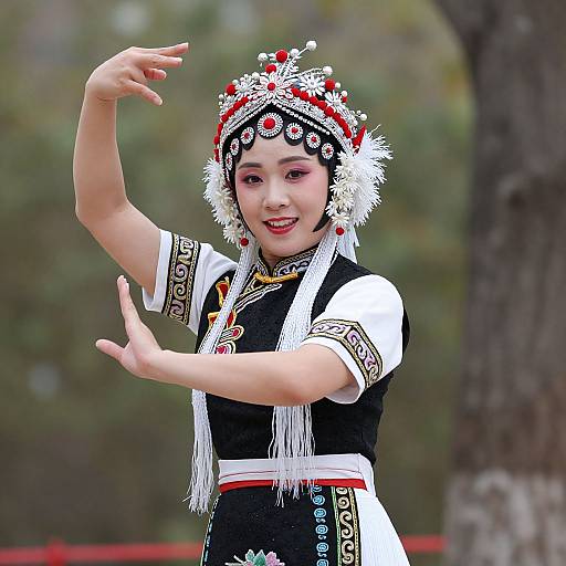 Photograph of an Asian woman in traditional black and white ethnic dance attire, adorned with red and white floral headpiece, performing graceful arm movements outdoors.