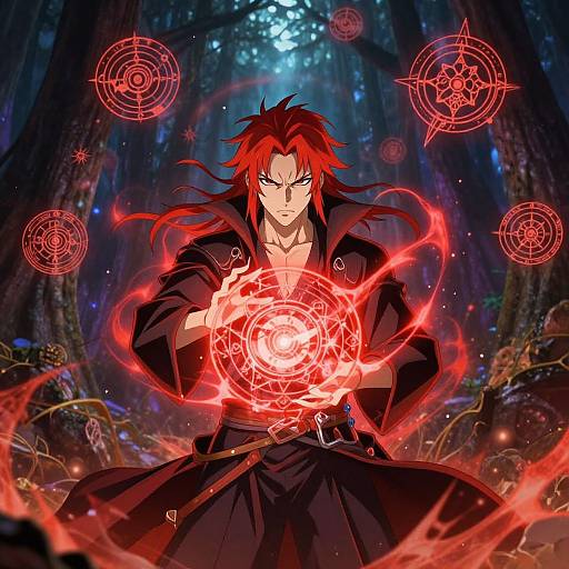 Digital anime artwork of a red-haired male mage in a dark robe, casting a glowing red magical spell in a forest. Red magical circles surround him.