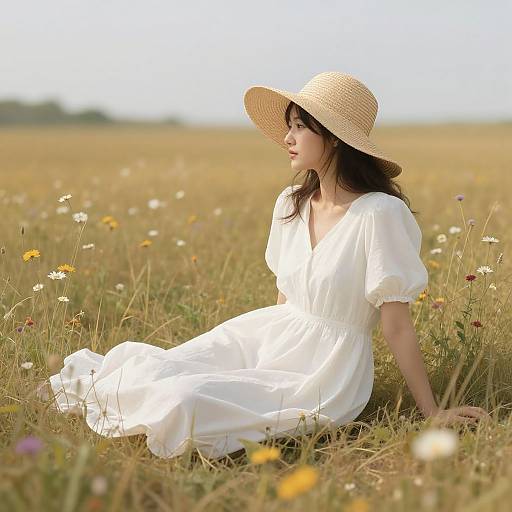 Photograph of a young Asian woman with long brown hair, wearing a white dress and straw hat, sitting in a sunlit, flower-filled meadow