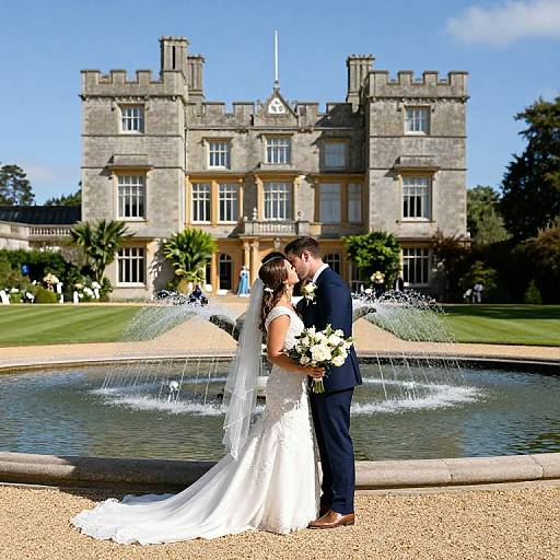 Photograph of a bride in white lace gown and veil, holding bouquet, kissing groom in navy suit, standing in front of grand stone mansion with fountain
