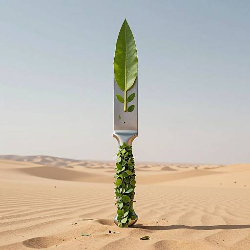 Photorealistic CGI image of a silver sword with a green leaf blade and ivy-wrapped hilt standing in a desert.