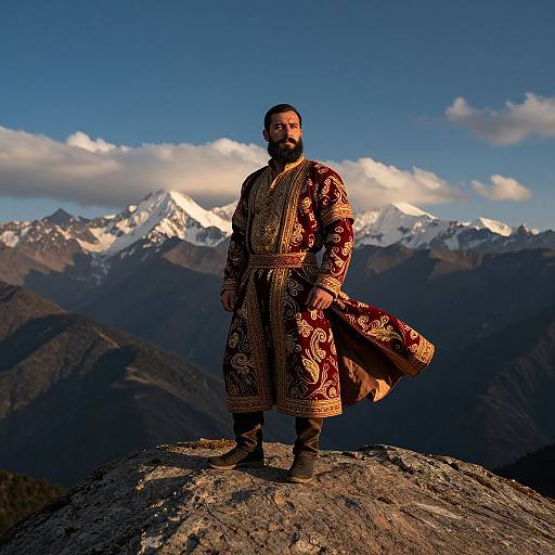Bearded man in ornate, red and gold traditional robe stands on mountain peak, snow-capped peaks and clear blue sky in background. Photographic