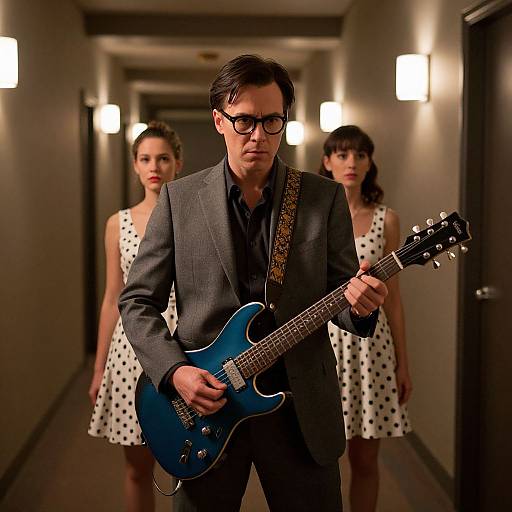 Photograph of a serious man in a gray suit and black shirt playing a blue electric guitar, with two women in white polka dot dresses standing behind