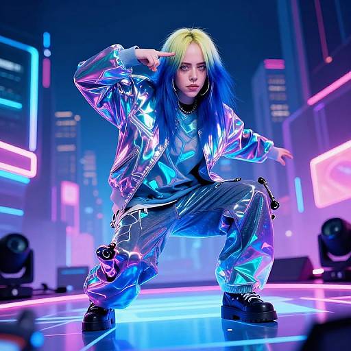 Digital art of a punk girl with neon blue and yellow hair, wearing a reflective silver jacket and pants, crouching on a neon-lit stage