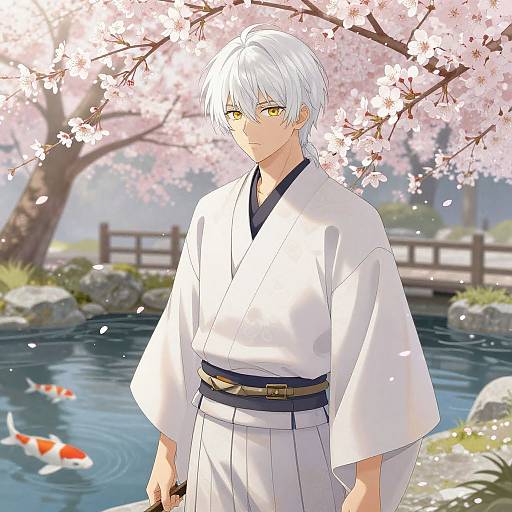 Anime-style drawing of a white-haired, yellow-eyed young man in a white kimono standing by a cherry blossom tree beside a koi pond.