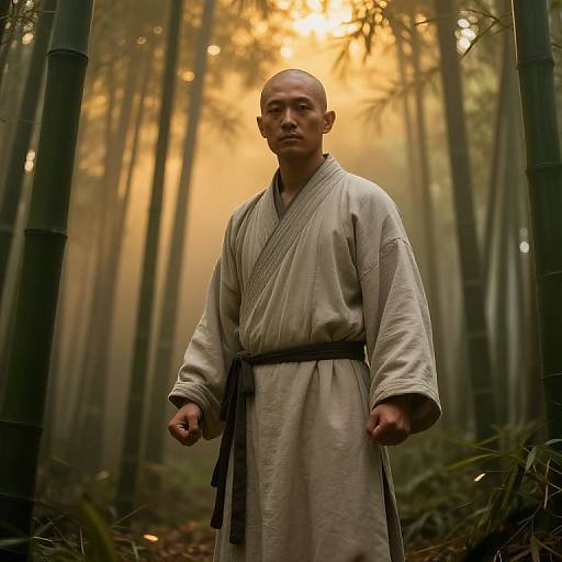 Photograph of a bald, serious-looking man in a white martial arts robe, standing in a misty bamboo forest with sunlight filtering through.