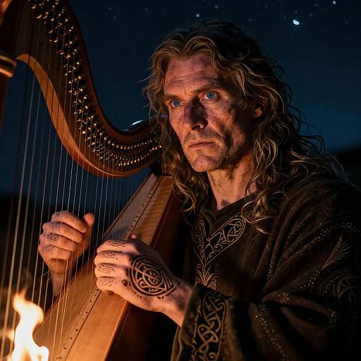Photograph of a rugged, long-haired man with blue eyes, playing a large, ornate harp by firelight against a dark, starry