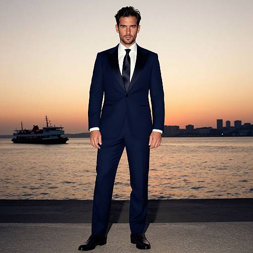 Man in Midnight Blue Tuxedo at Sunset